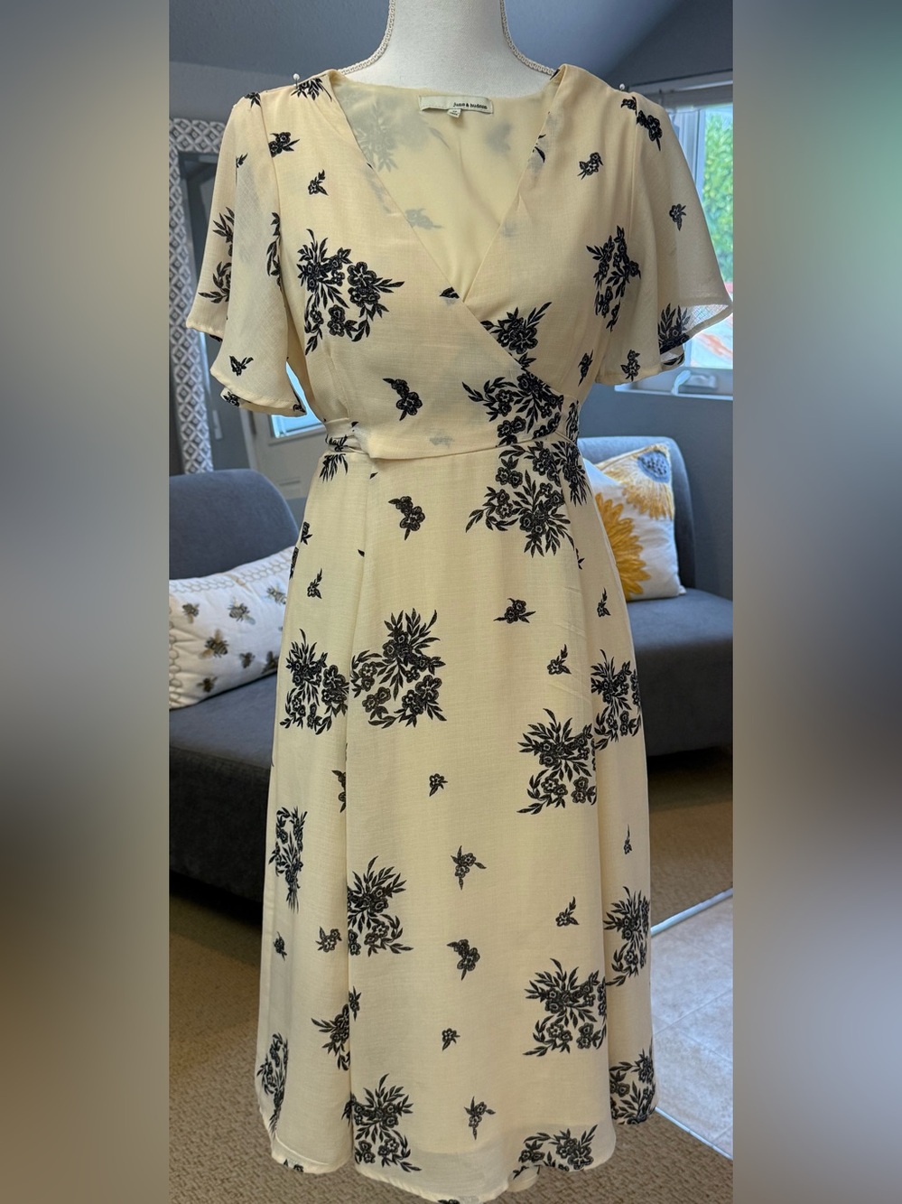 june & hudson Cream Midi Dress with Black Floral Print